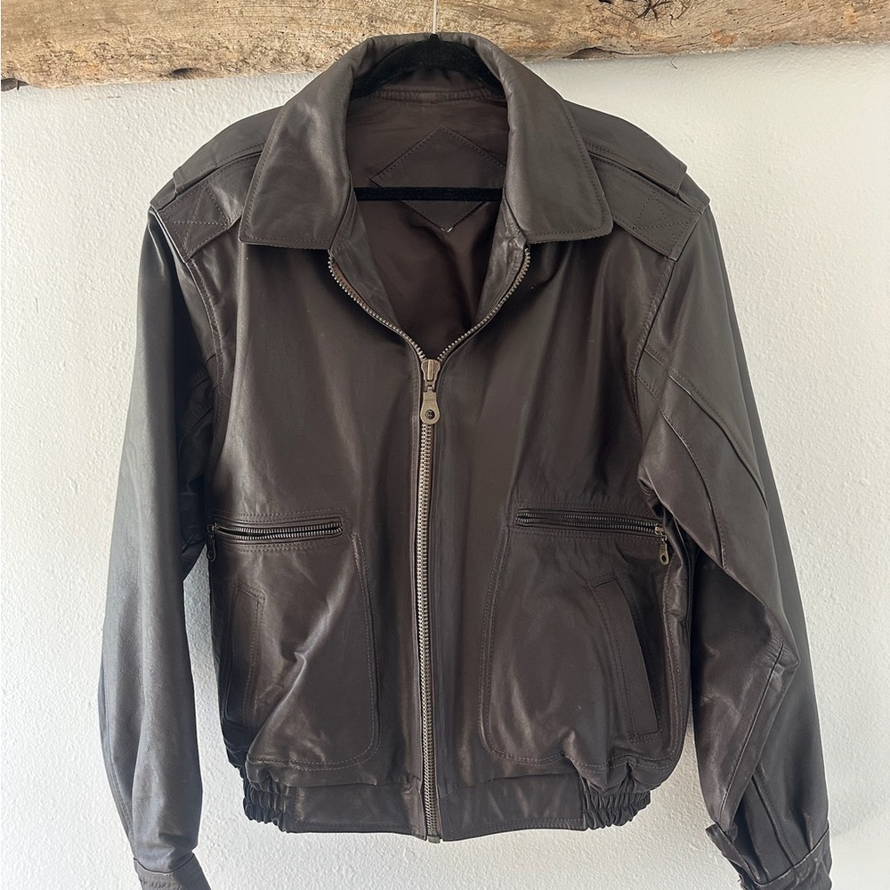 Vintage Brown Leather Bomber Coat
